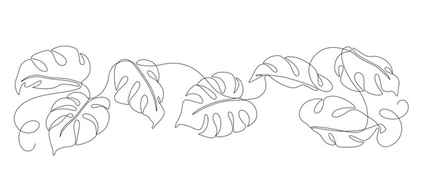 Monstera leaves drawn in continuous line in minimalist style, tropical plants, single line, editable vector contour.