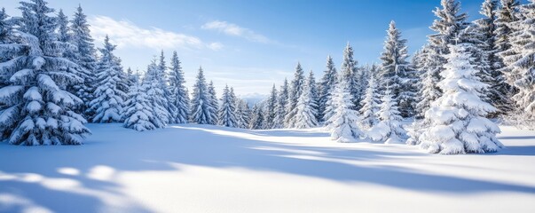 A tranquil winter scene showcasing snow-laden trees under a clear blue sky, exuding peace and natural beauty.