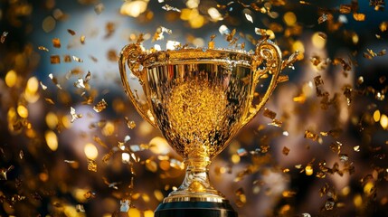 Shiny golden trophy surrounded by colorful confetti celebrating a major achievement or victory