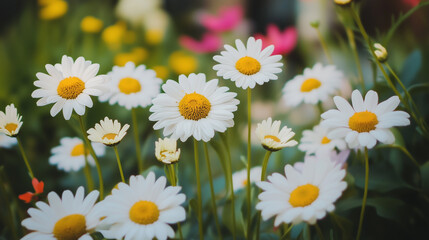 Fototapeta premium Garden landscaping. White wild daisies and cosmos blooms. Wallpaper. Screen.