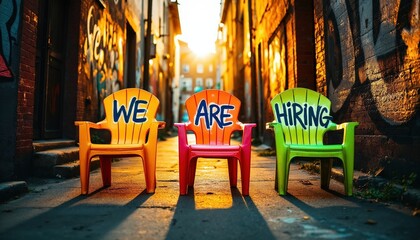 Colorful chairs with 'We Are Hiring' text in a vibrant urban alleyway at sunset, symbolizing job opportunities and recruitment in a creative setting.