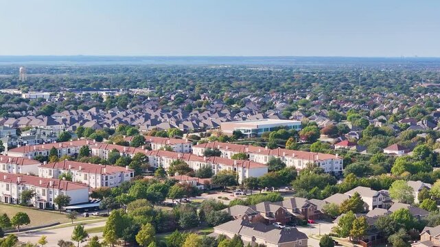 Aerial view of residential neighborhood with houses in Texas suburb in Dallas Ft. Worth (DFW) Metroplex