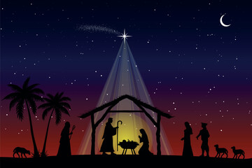 Christmas Nativity scene background. Jesus Christ infant born in the night setting. Vector illustration.