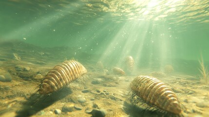 Serene Cambrian Underwater World - Ultra-Detailed 3D Render of Tranquil Marine Life in Sunlit Ocean Depths