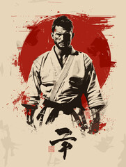 Man in a white karate uniform is in the middle of a kick. The background is a red circle with splatters of paint