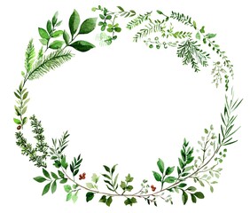 Fototapeta premium Elegant Hand-Painted Greenery Wreath Featuring Diverse Leaves and Foliage in Watercolor Style, Perfect for Invitations, Prints, and Eco-Friendly Designs