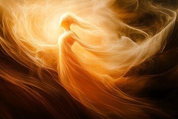 Naklejka premium Abstract ethereal woman in golden light. Concept of spirituality, divinity, and ascension.