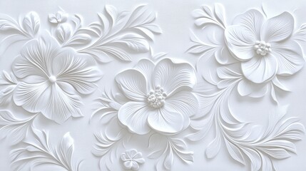 Elegant white floral relief design with intricate details, showcasing a harmonious blend of textures and shapes.