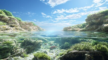 Fototapeta premium Immersive 3D Render of Cambrian Ocean Ecosystem with Varied Habitats and Prehistoric Life | Ultra-Detailed Underwater Scene