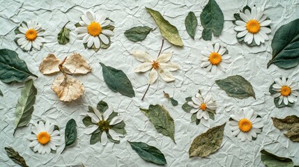 A beautiful arrangement of dried daisies and leaves on textured paper, showcasing nature's delicate details and colors.