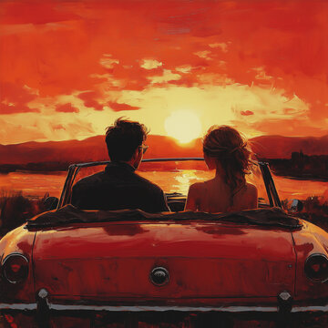 cabrio, paar, romantisch, sonne, sommer, auto, frau, auto, autofahren, road, automobile, automobil, drive, leute, himmel, anreisen, transport, person, ehepaar, anfahrt, sch&ouml;nheit, cartoons, beach, vek