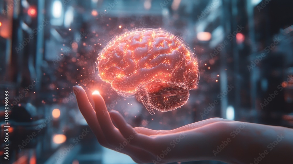 Poster business professional displaying glowing digital brain representing ai and tech innovation