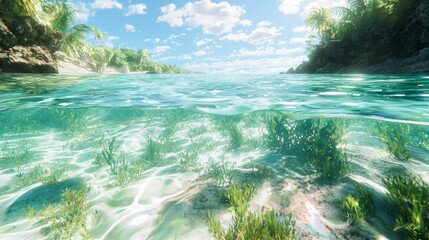 Fototapeta premium Tranquil Cambrian Lagoon Vibrant with Marine Life - Ultra-Detailed 3D Render Digital Artwork