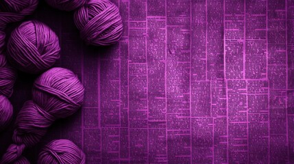 Vibrant purple yarn balls artfully arranged on a textured, purple newspaper background, showcasing creativity and fun.