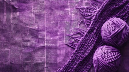 A close-up of two purple yarn balls and a knitted scarf on a textured purple backdrop, evoking a cozy crafting atmosphere.