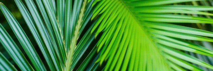 Fototapeta premium Close up of a vibrant green palm leaf, displaying intricate textures and details, plant, macro