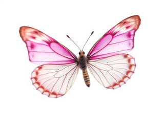 Obraz premium Close-up shot of a delicate pink butterfly with intricate patterns, gracefully resting on a clean white background, patterns, decoration