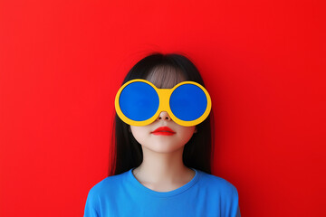 Girl wearing oversized colorful sunglasses against a bright red background