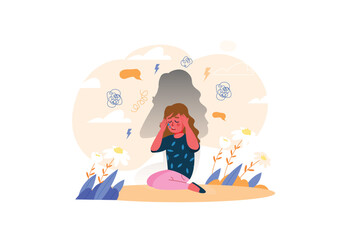 A girl sitting on the ground with her hands on her head, symbolizing distress or headache, surrounded by flowers and clouds. Vector illustration
