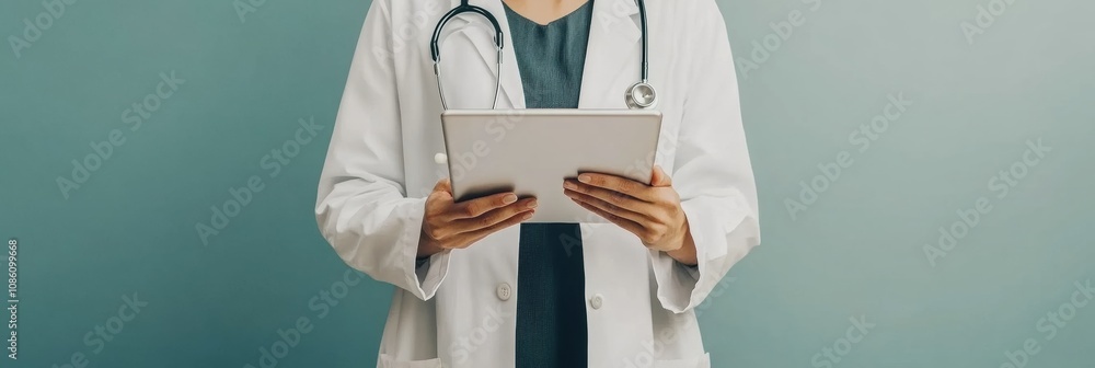 Poster a doctor in a white coat is standing in a medical office, focusing on a tablet while surrounded by a
