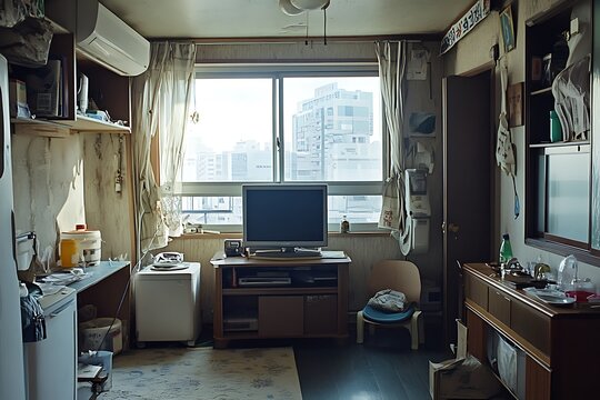 Small apartment interior, cluttered and lived in.  Concept of urban living, minimalism, and everyday life.