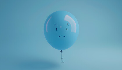 Blue balloon with sad face on light blue background