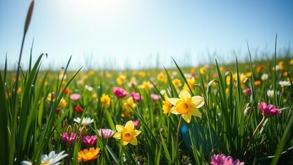 Field of vibrant daffodil flowers under a clear blue sky with soft sunlight shining through, yellow, sunny