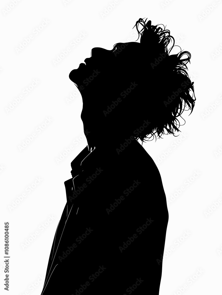 Poster man with messy hair is standing in front of a white background. the image is a silhouette of the man