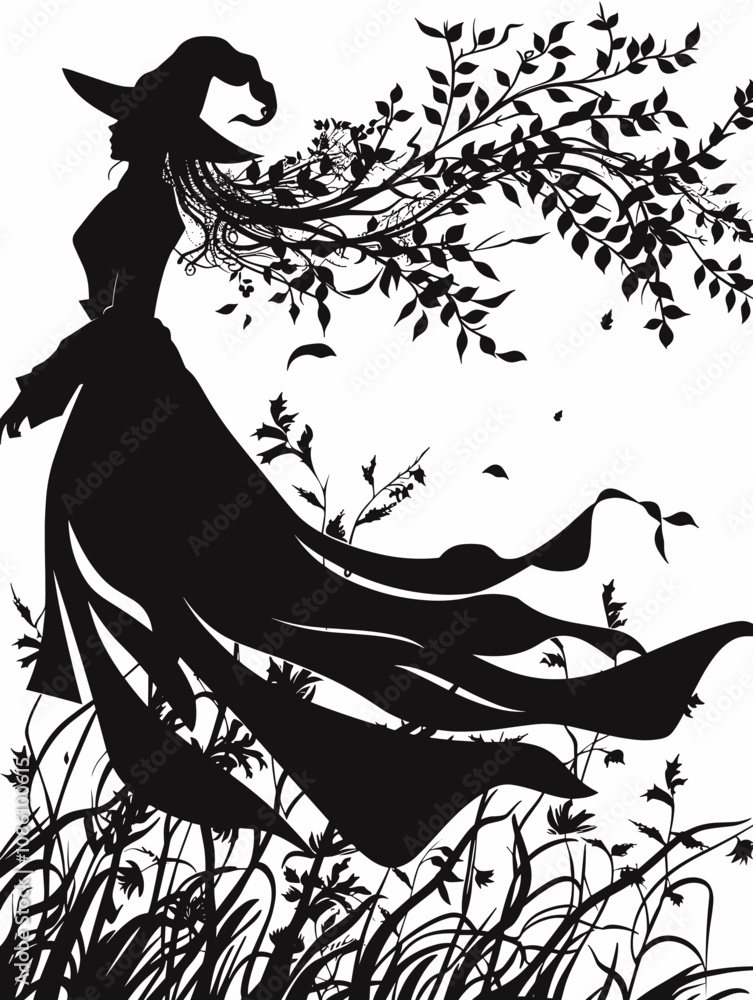 Poster witch is walking through a field of grass with a tree in the background. the image has a dark and my