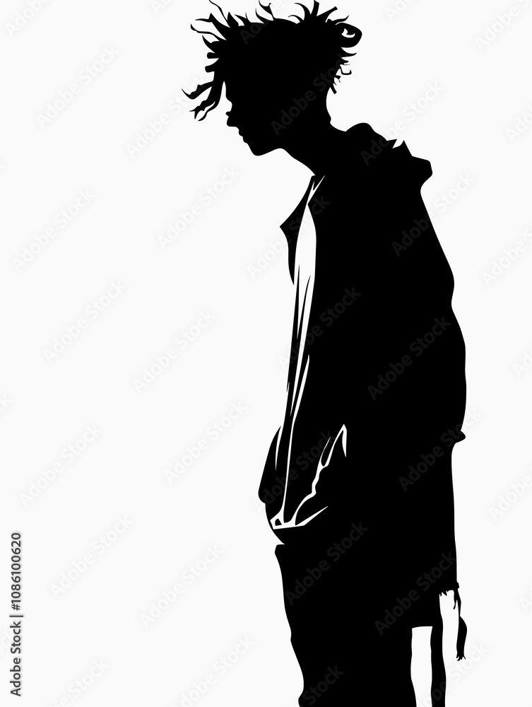 Poster man with dreadlocks stands in front of a white background. he is wearing a hoodie and he is looking 