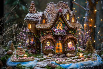 Obraz premium Cute gingerbread house with white glasur, hand made. Generative AI tools
