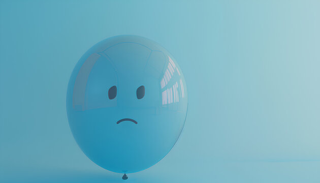 Blue balloon with sad face on light blue background