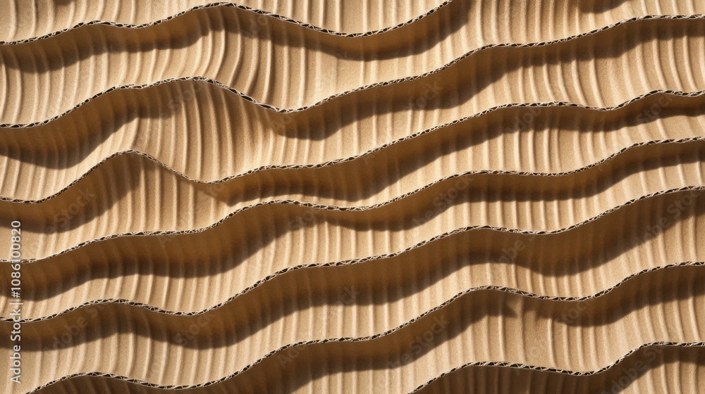 Poster abstract view of textured corrugated cardboard in warm tones, showcasing wavy patterns and shadows.