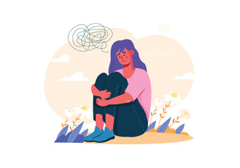 A young girl sits on the ground, hugging her knees with a pensive expression and surrounded by flowers. Vector illustration