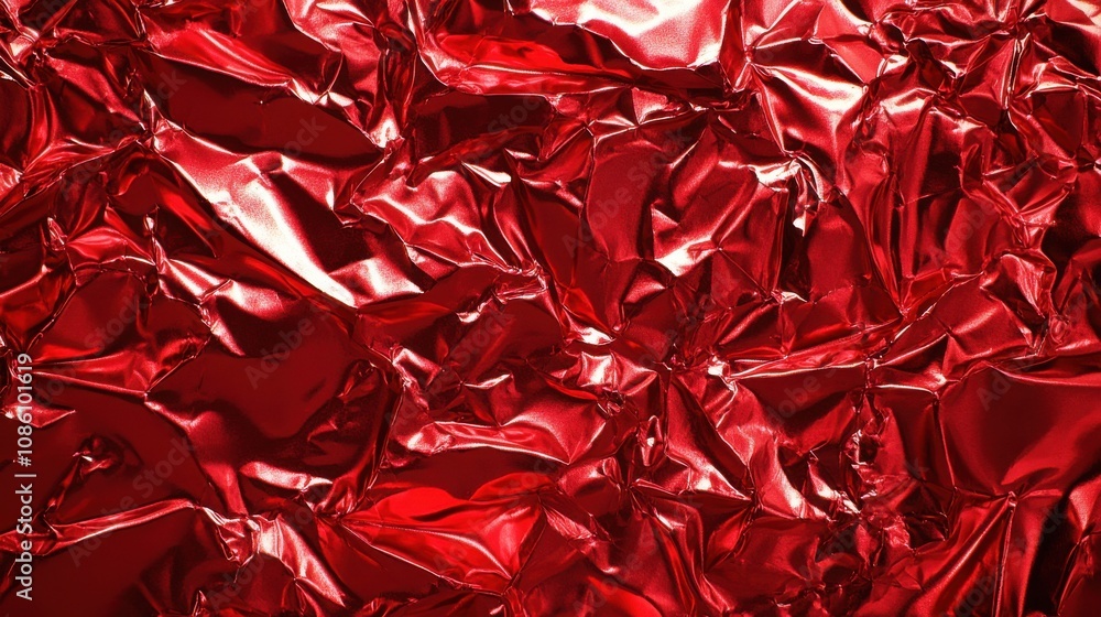Poster shimmering red crumpled foil creating a vibrant and textured background.