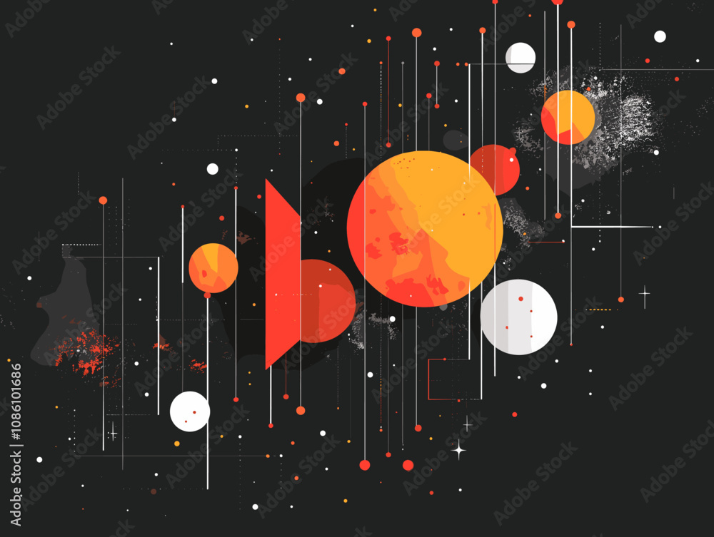 Poster black and orange background with a series of circles and lines. the circles are of varying sizes and