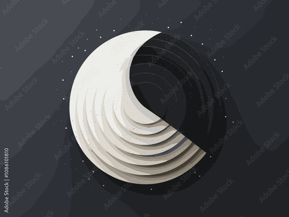 Poster black and white image of a circle with a white line dividing it. the image has a mood of mystery and