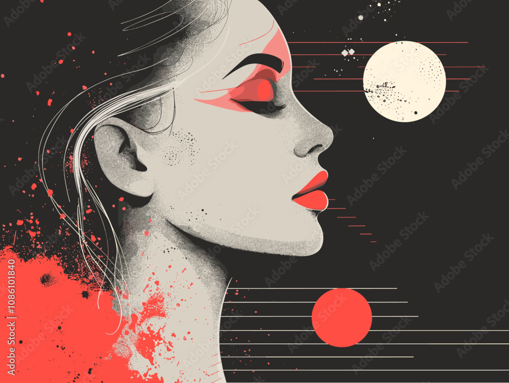 Poster woman with red lips and red eyes is staring at a red circle. the image has a dark background and a r