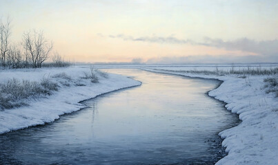 Fototapeta premium Quiet Ice Expanse: Crystal River Confluence with Icy River Outline and Generous Border