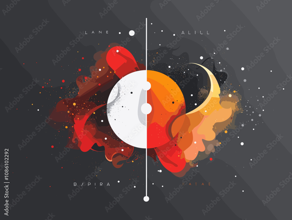 Poster the image is a colorful abstract of a planet with a red and white circle in the center. the circle i