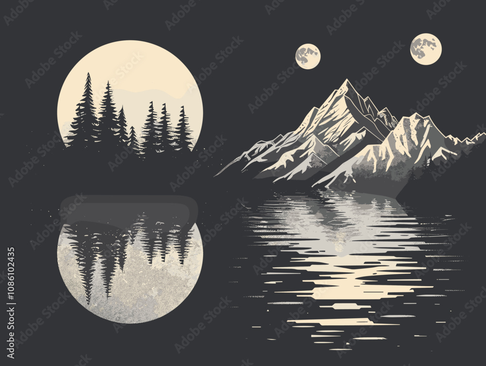 Poster the image is a black and white drawing of a mountain range with a lake in the foreground. the mounta