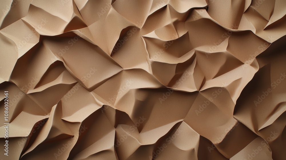 Poster crinkled brown paper texture with intricate folds and shadows, creating depth and visual interest.
