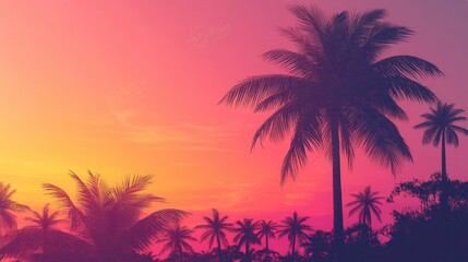 Naklejka premium Vivid pink and orange sky with silhouetted palm trees at sunset creating a tropical evening atmosphere