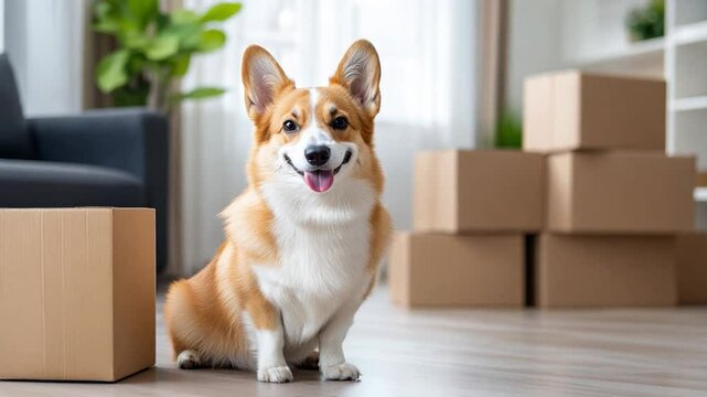 A cheerful corgi greets its new environment surrounded by moving boxes in a bright living room filled with natural light