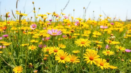 Fototapeta premium Vibrant yellow daffodil flowers standing tall in a sunlit field with a clear blue sky, nature, environment