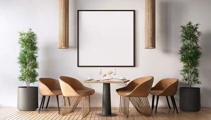 Modern cafe interior with blank framed poster on white wall. 3D Rendering