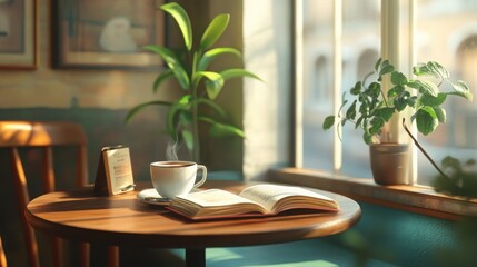 Fototapeta premium cozy corner of a cafe with a book and coffee on a table, morning light through windows