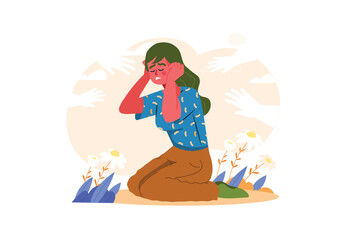 A woman kneels in distress, holding her head with both hands, surrounded by flowers and reaching hands. Vector illustration