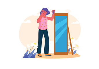 Fototapeta premium A young girl with colorful hair looks at her reflection in a large mirror, surrounded by flowers and a soft background. Vector illustration
