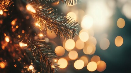 Macro photography of Christmas tree branch with sparkling bokeh lights. Authentic festive mood with warm golden glow. Ideal for holiday marketing.